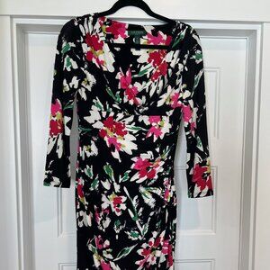 Lauren Ralph Lauren Size 6 Black Floral V-Neck Faux Wrap Ruched Stretch Dress